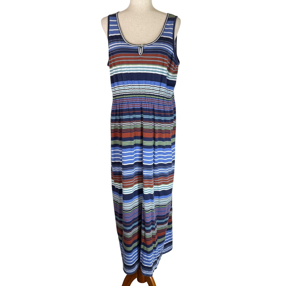 Eddie Bauer Maxi Dress Womens XL Blue Multi Stripe Cotton Sleeveless Elastic